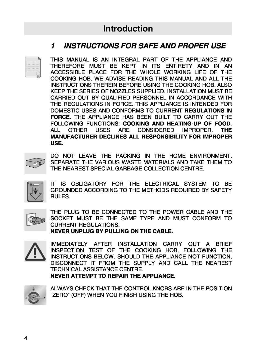 Smeg SER63LPG manual Introduction, Instructions For Safe And Proper Use, Never Unplug By Pulling On The Cable 