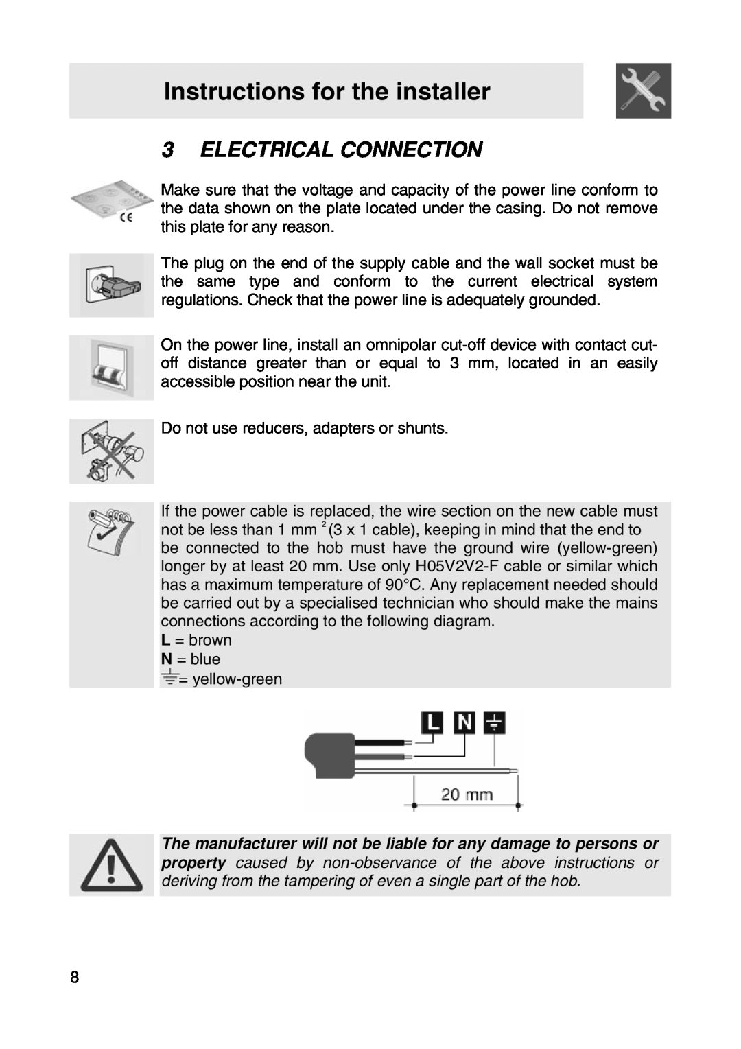 Smeg SER63LPG manual Electrical Connection, Instructions for the installer 