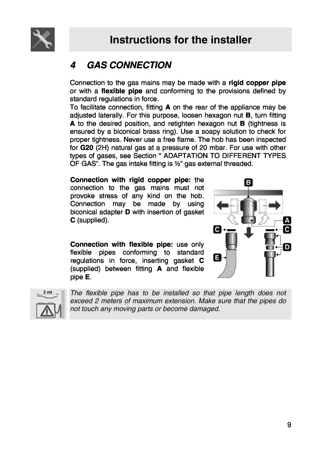 Smeg SER63LPG manual Gas Connection, Instructions for the installer 