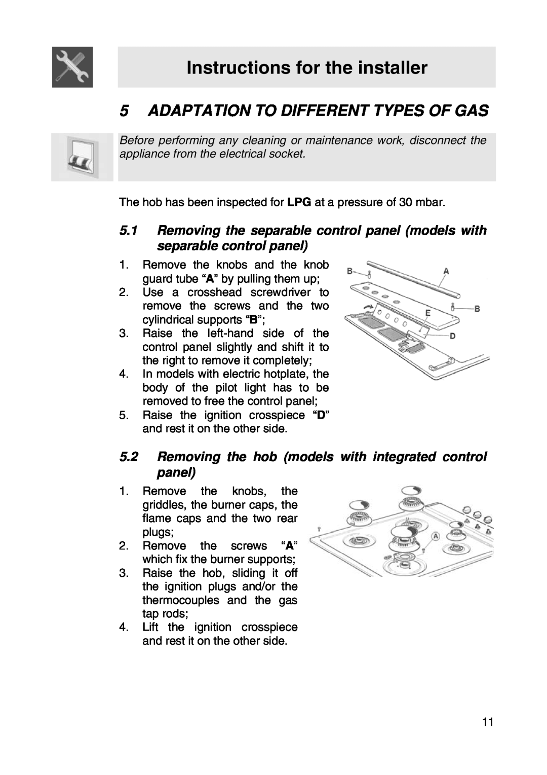 Smeg SER63LPG manual Adaptation To Different Types Of Gas, Instructions for the installer 
