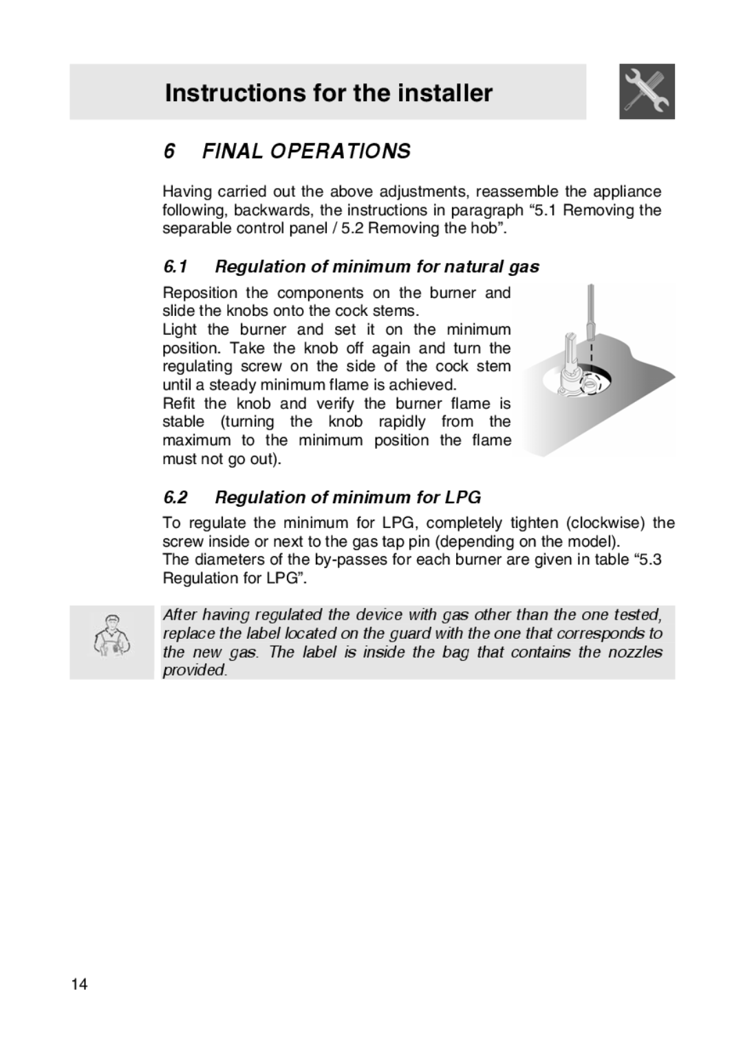 Smeg SER63LPG3 manual Final Operations, Regulation of minimum for natural gas, Regulation of minimum for LPG 