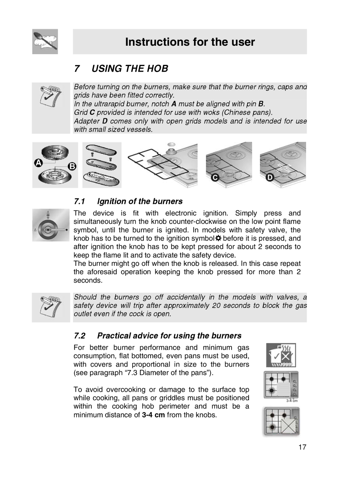 Smeg SER63LPG3 Instructions for the user, Using the HOB, Ignition of the burners, Practical advice for using the burners 