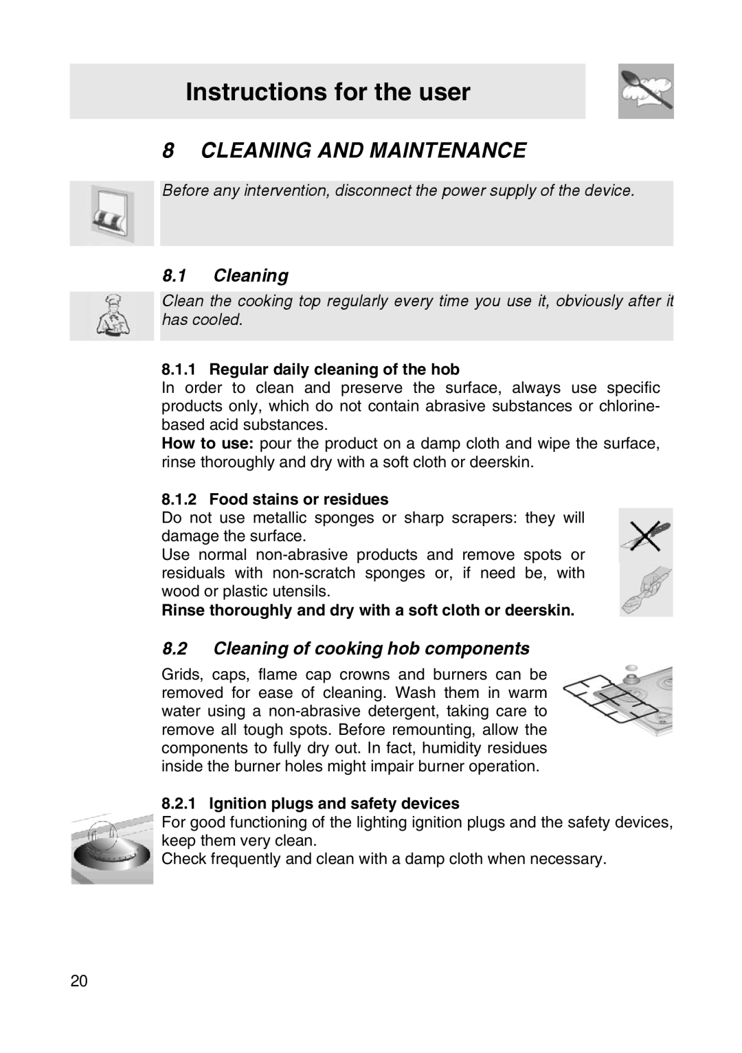 Smeg SER63LPG3 manual Cleaning and Maintenance, Cleaning of cooking hob components 