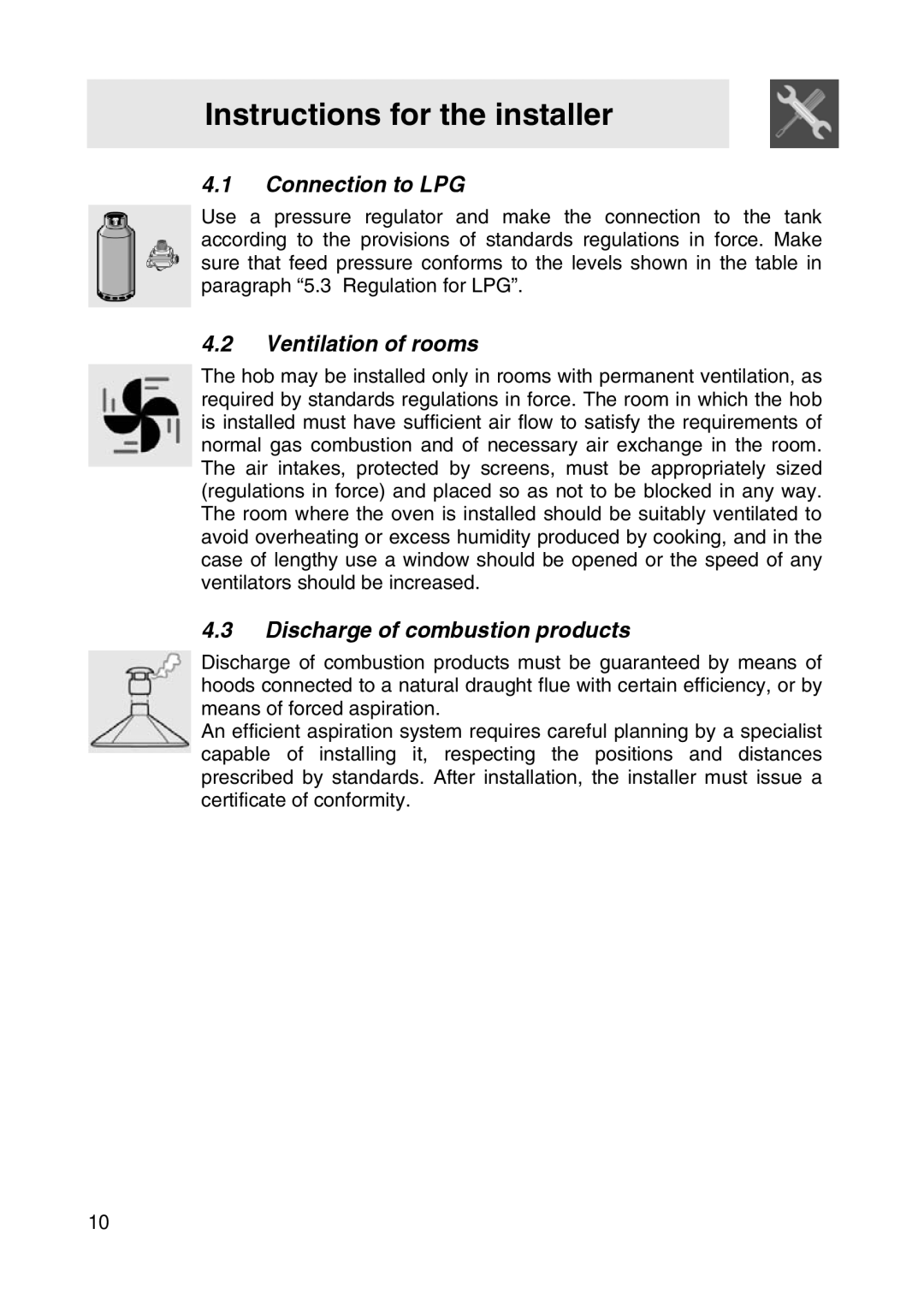 Smeg SER63LPG3 manual Connection to LPG, Ventilation of rooms, Discharge of combustion products 