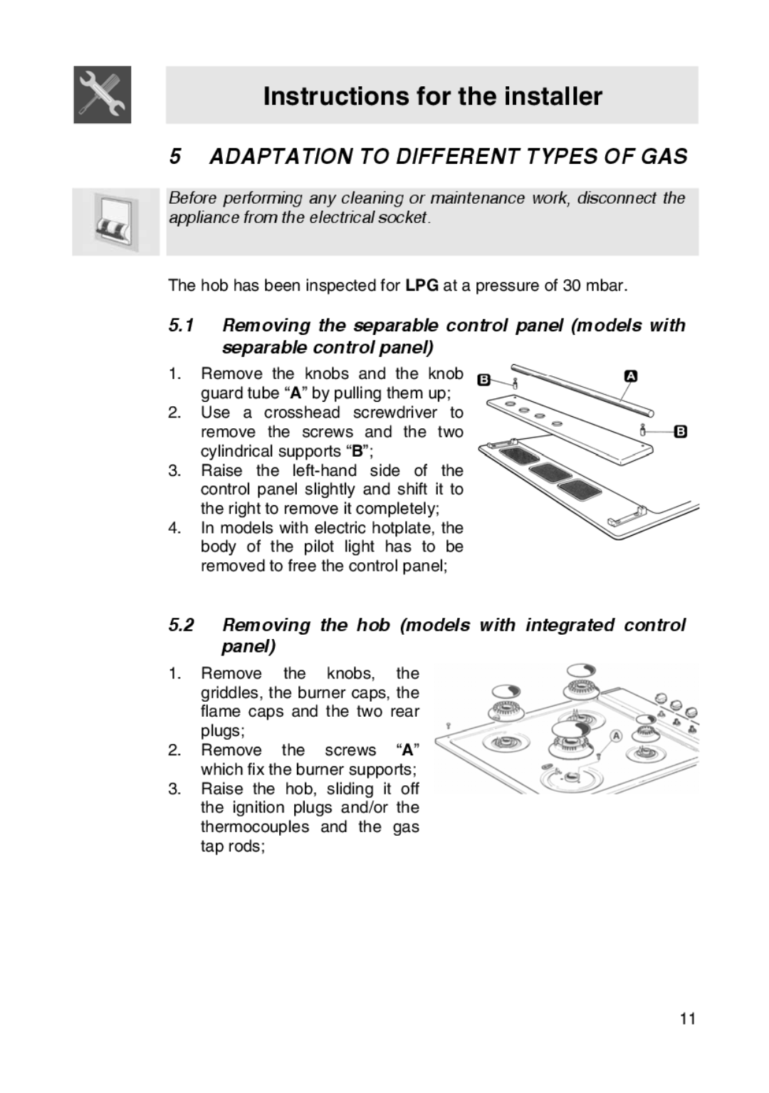 Smeg SER63LPG3 manual Adaptation to Different Types of GAS, Removing the hob models with integrated control panel 