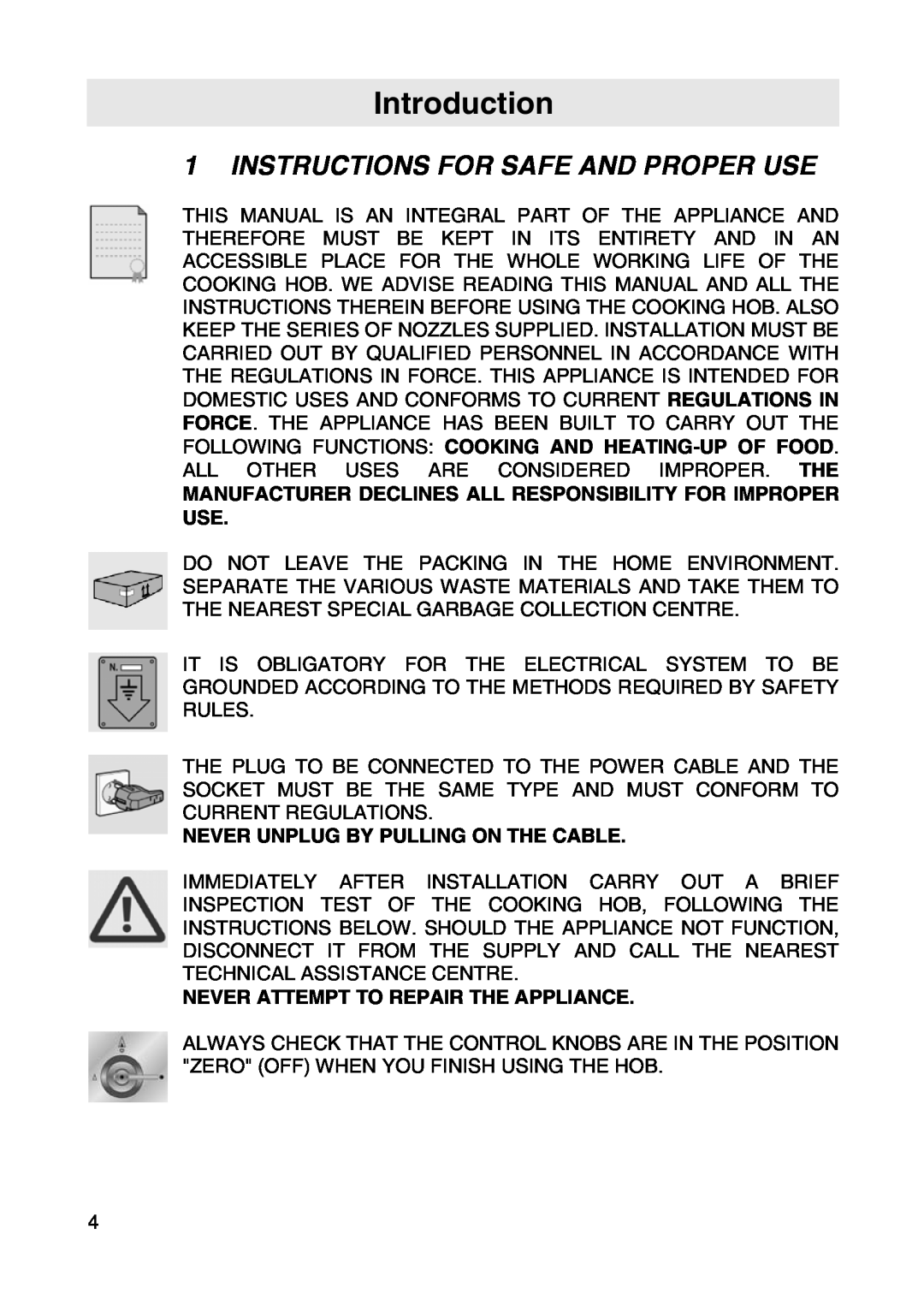 Smeg SER63LPG3 manual Introduction, Instructions For Safe And Proper Use, Never Unplug By Pulling On The Cable 