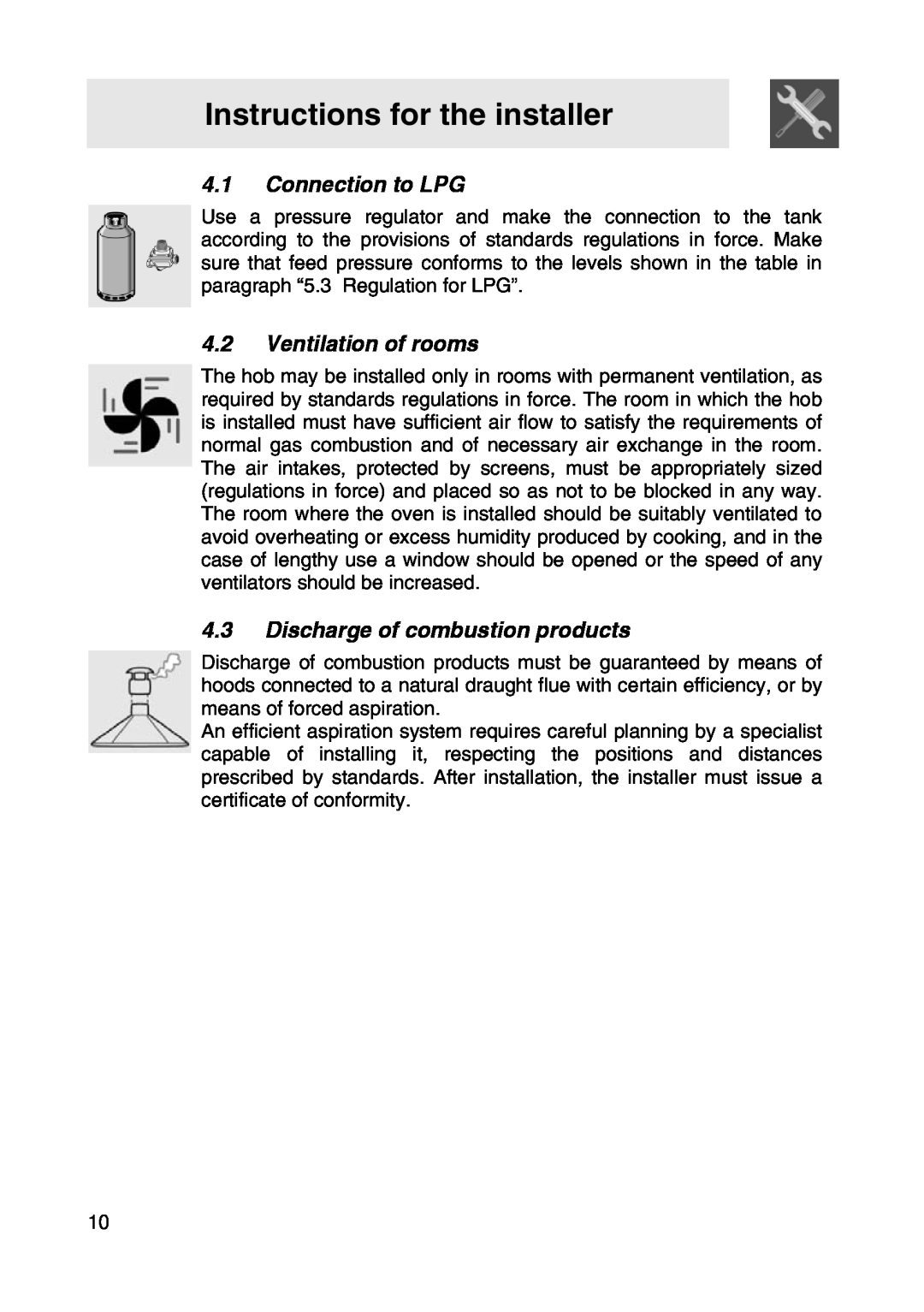 Smeg SER63LPG3 manual Instructions for the installer, 4.1Connection to LPG, 4.2Ventilation of rooms 