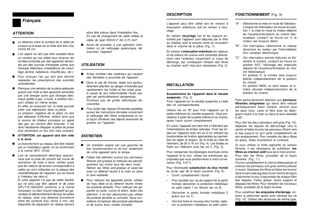 Smeg SET160X Français, Utilisation, Entretien, Fonctionnement Fig, Encastrement de lappareil dans le meuble suspendu Fig 