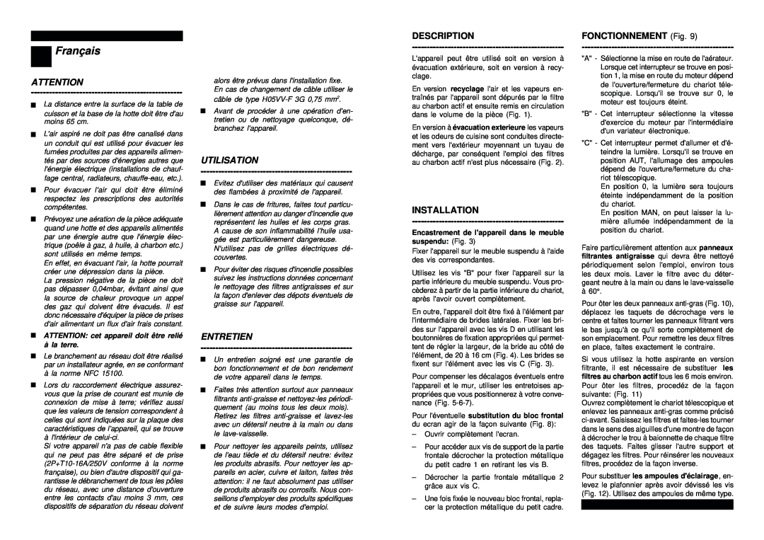 Smeg SET160X manual Français, Utilisation, Entretien, FONCTIONNEMENT Fig, Description, Installation 