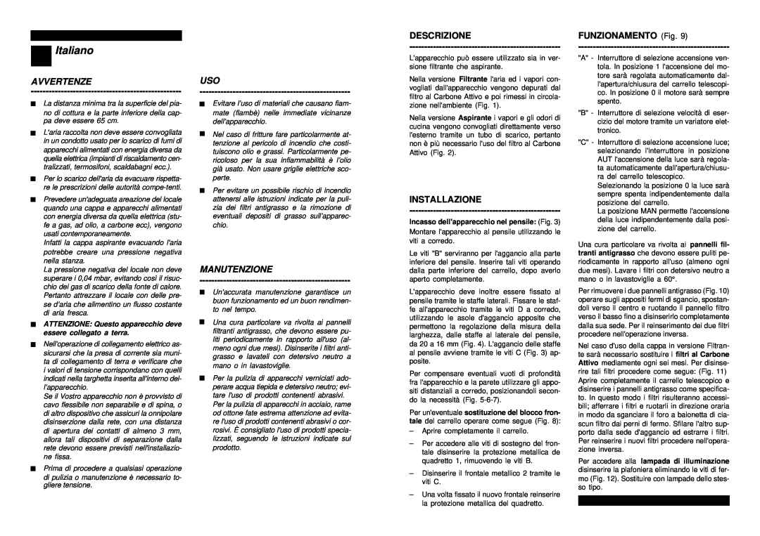 Smeg SET160X manual Italiano, Avvertenze, Manutenzione, Descrizione, Installazione, FUNZIONAMENTO Fig 