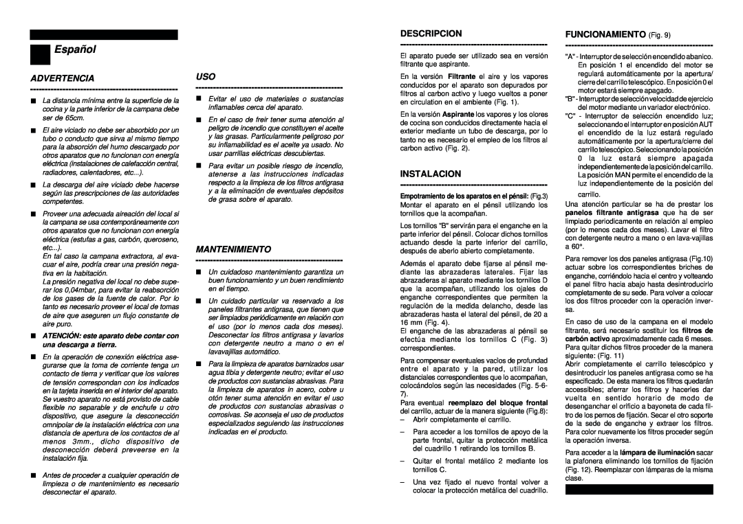 Smeg SET160X manual Español, Advertencia, Mantenimiento, Descripcion, Instalacion, FUNCIONAMIENTO Fig 