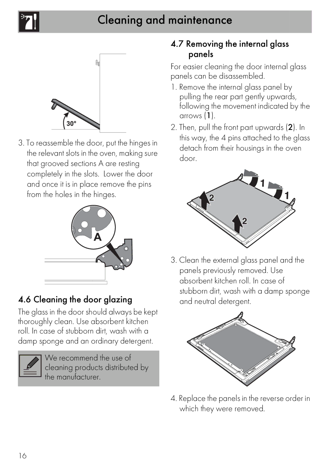 Smeg SMEG Built-in Oven, SFA304X, SA562X instruction manual Cleaning the door glazing, Removing the internal glass panels 