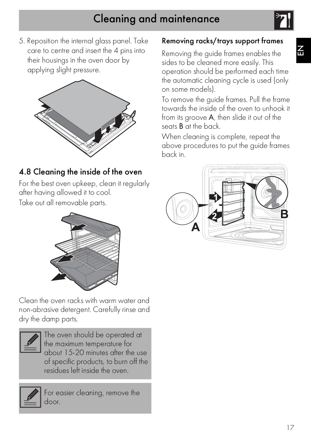 Smeg SA562X, SFA304X Cleaning the inside of the oven, Take out all removable parts, For easier cleaning, remove the door 