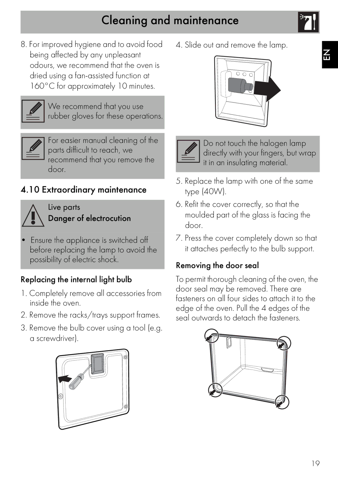 Smeg SMEG Built-in Oven, SFA304X, SA562X instruction manual Extraordinary maintenance, Live parts, Removing the door seal 