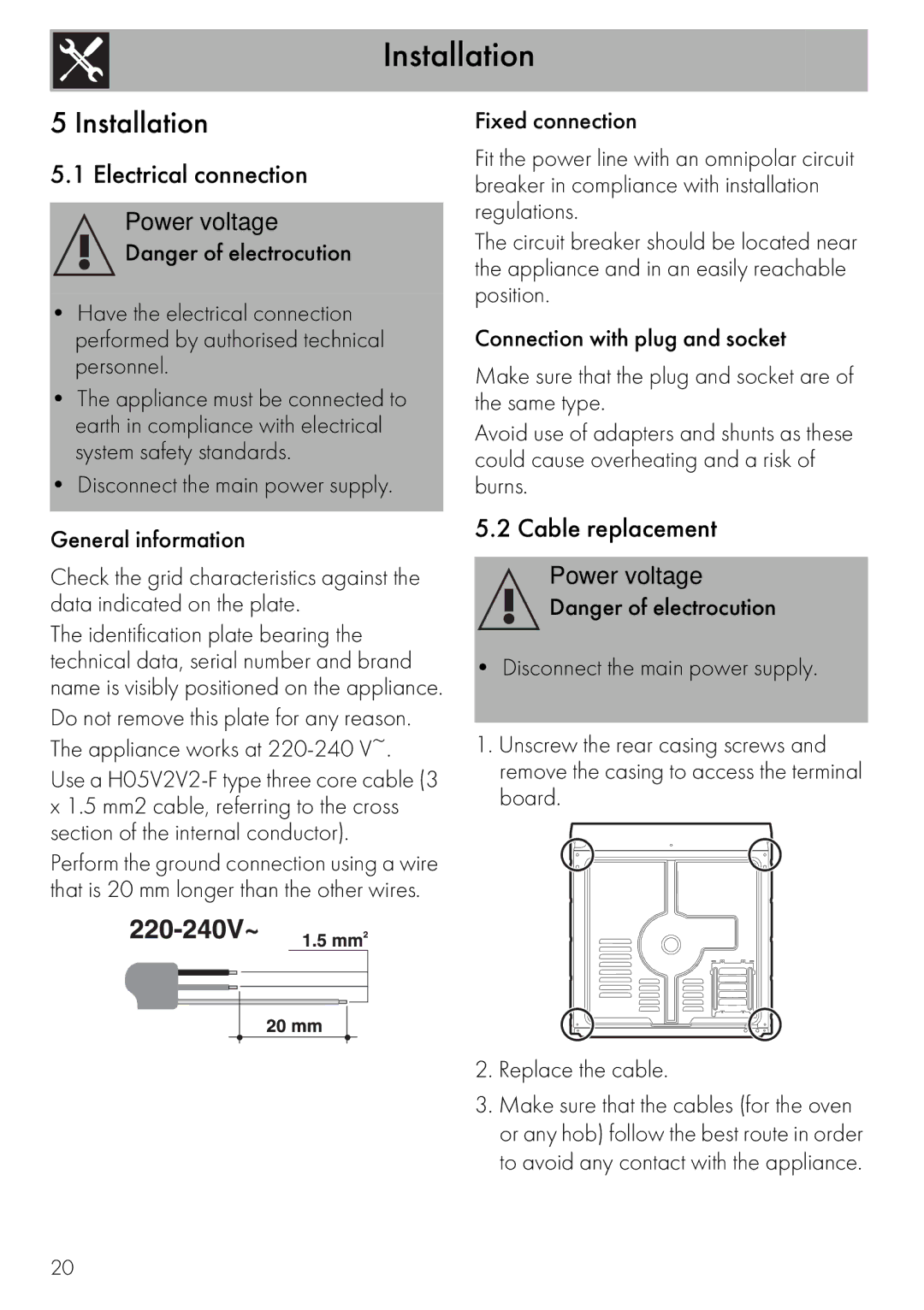 Smeg SA562X Installation, Electrical connection, Cable replacement, Disconnect the main power supply General information 