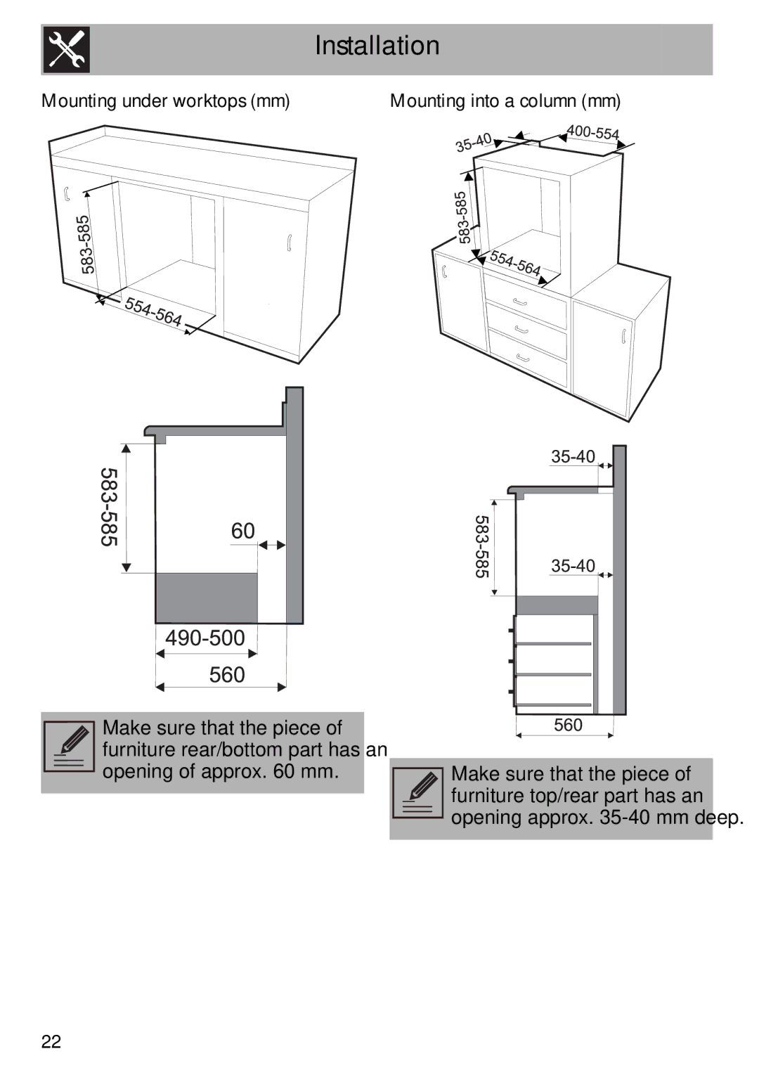 Smeg SMEG Built-in Oven, SFA304X, SA562X instruction manual Mounting under worktops mm 