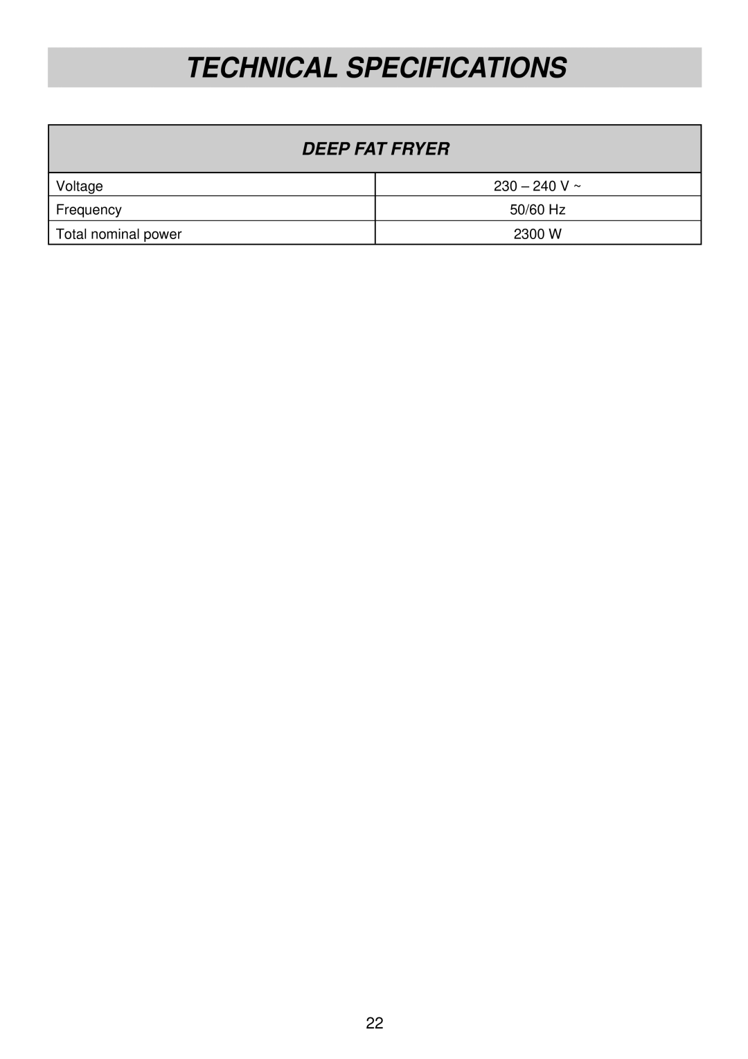 Smeg SFR30 manual Technical Specifications, Deep FAT Fryer 