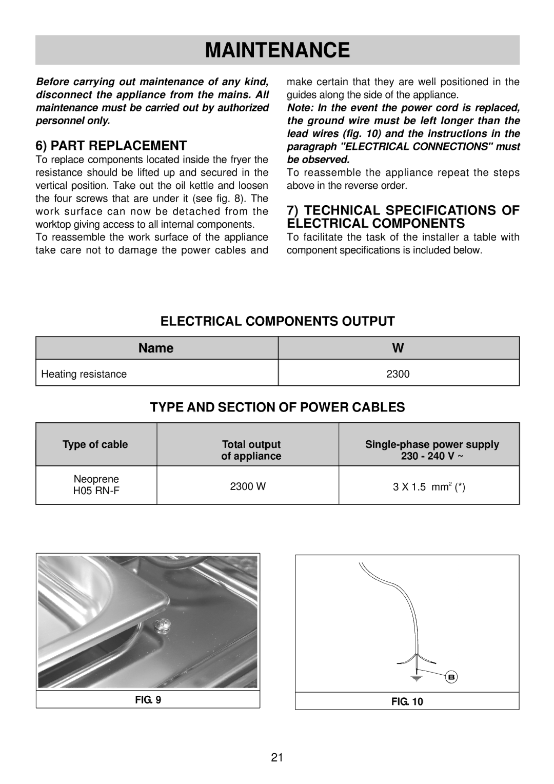 Smeg SFR30 Maintenance, Part Replacement, Technical Specifications of Electrical Components, Electrical Components Output 