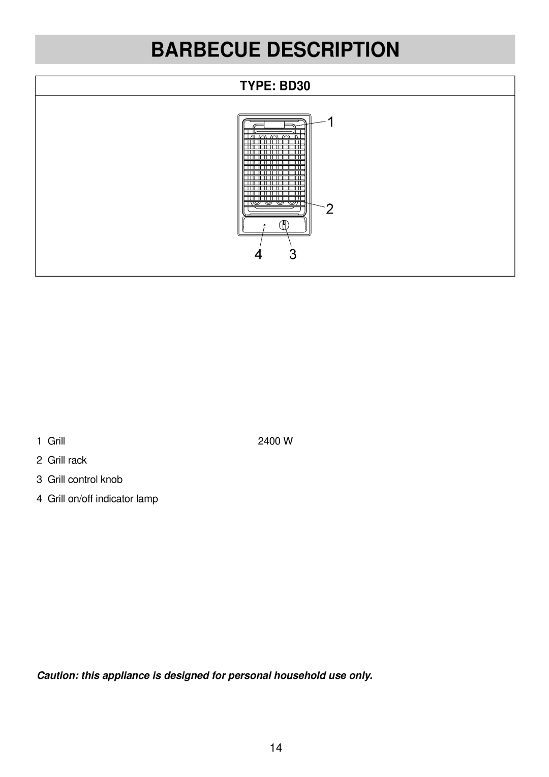 Smeg SGR30 manual Barbecue Description, Type BD30 