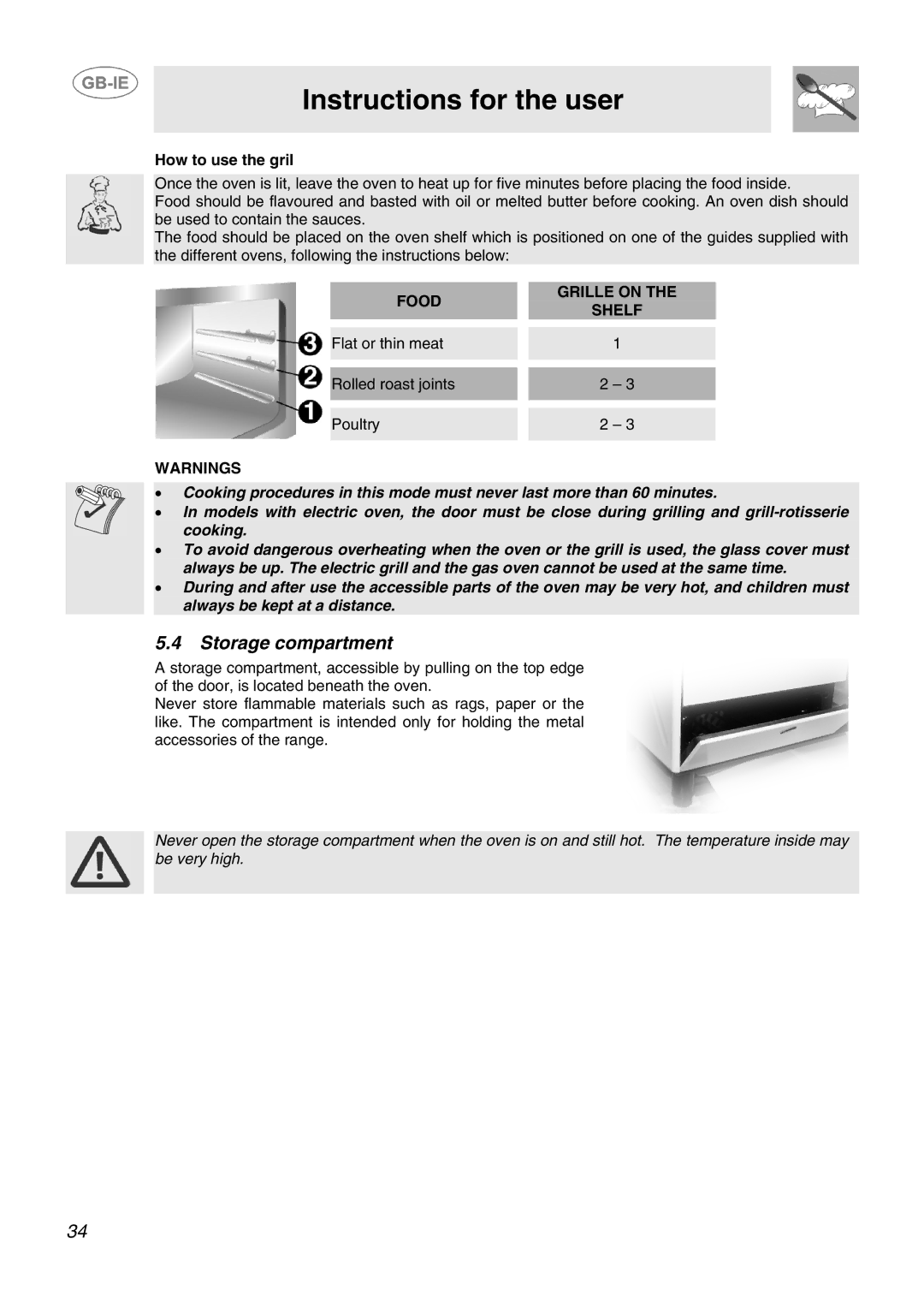 Smeg SID61MFX5 manual Storage compartment, How to use the gril, Food Grille on Shelf 