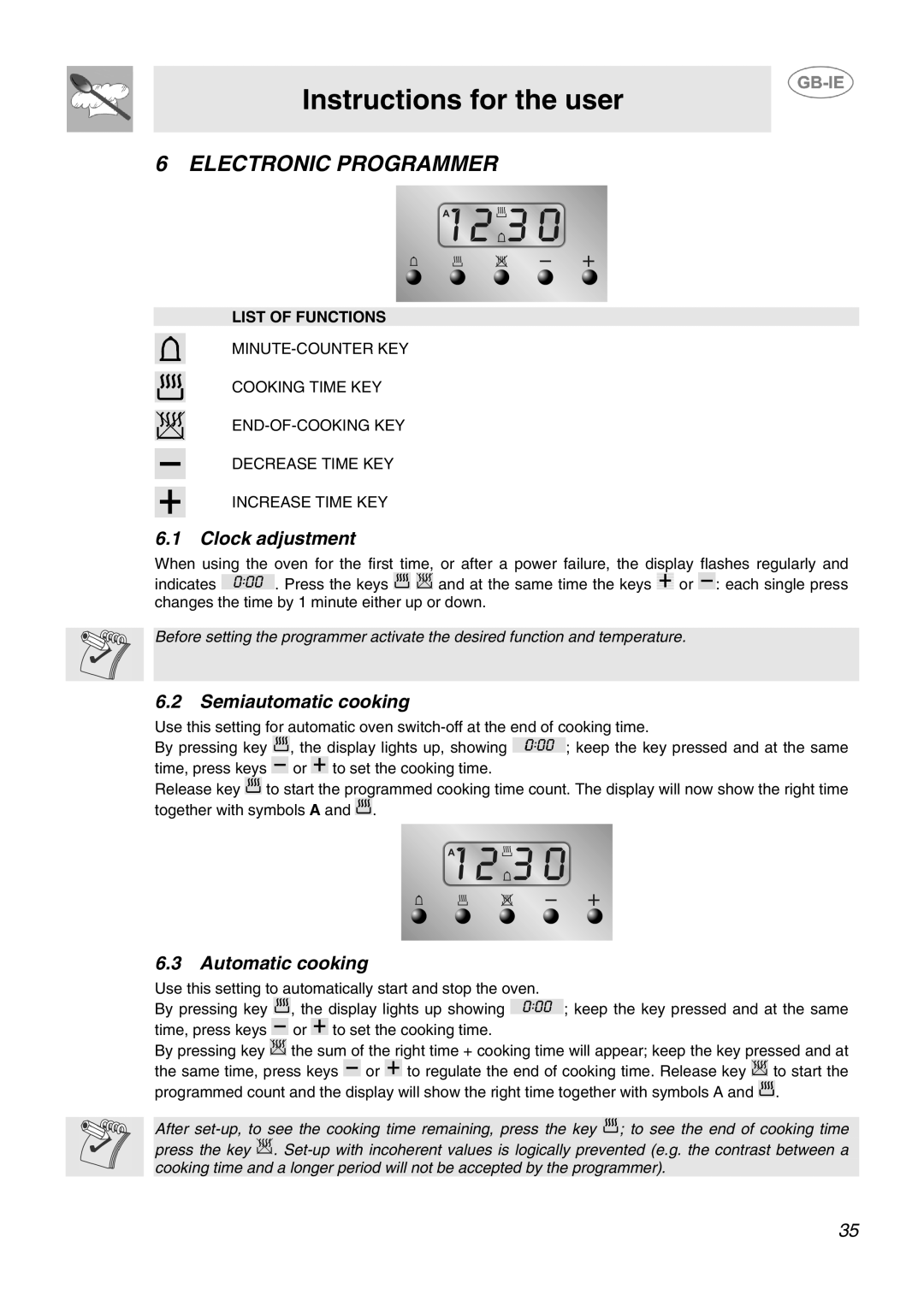 Smeg SID61MFX5 manual Electronic Programmer, Clock adjustment, Semiautomatic cooking, Automatic cooking, List of Functions 