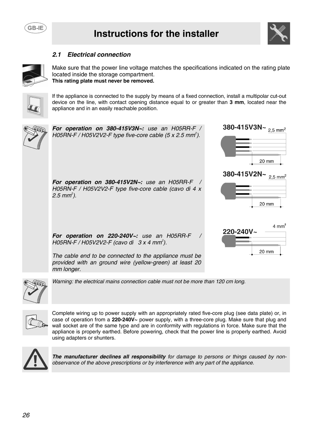 Smeg SID61MFX5 manual Electrical connection, This rating plate must never be removed 