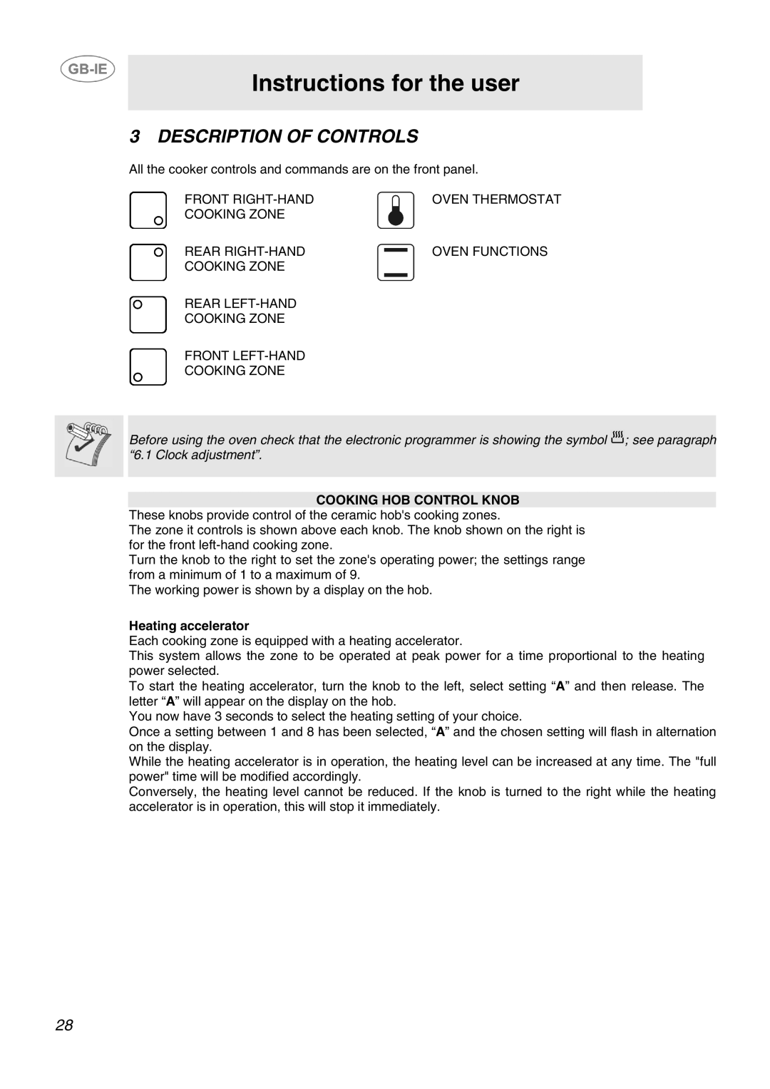 Smeg SID61MFX5 manual Instructions for the user, Description of Controls, Cooking HOB Control Knob, Heating accelerator 