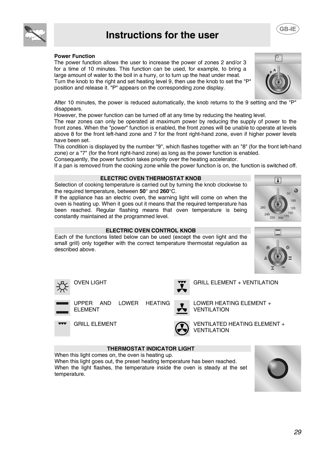 Smeg SID61MFX5 manual Power Function, Electric Oven Thermostat Knob, Electric Oven Control Knob, Thermostat Indicator Light 