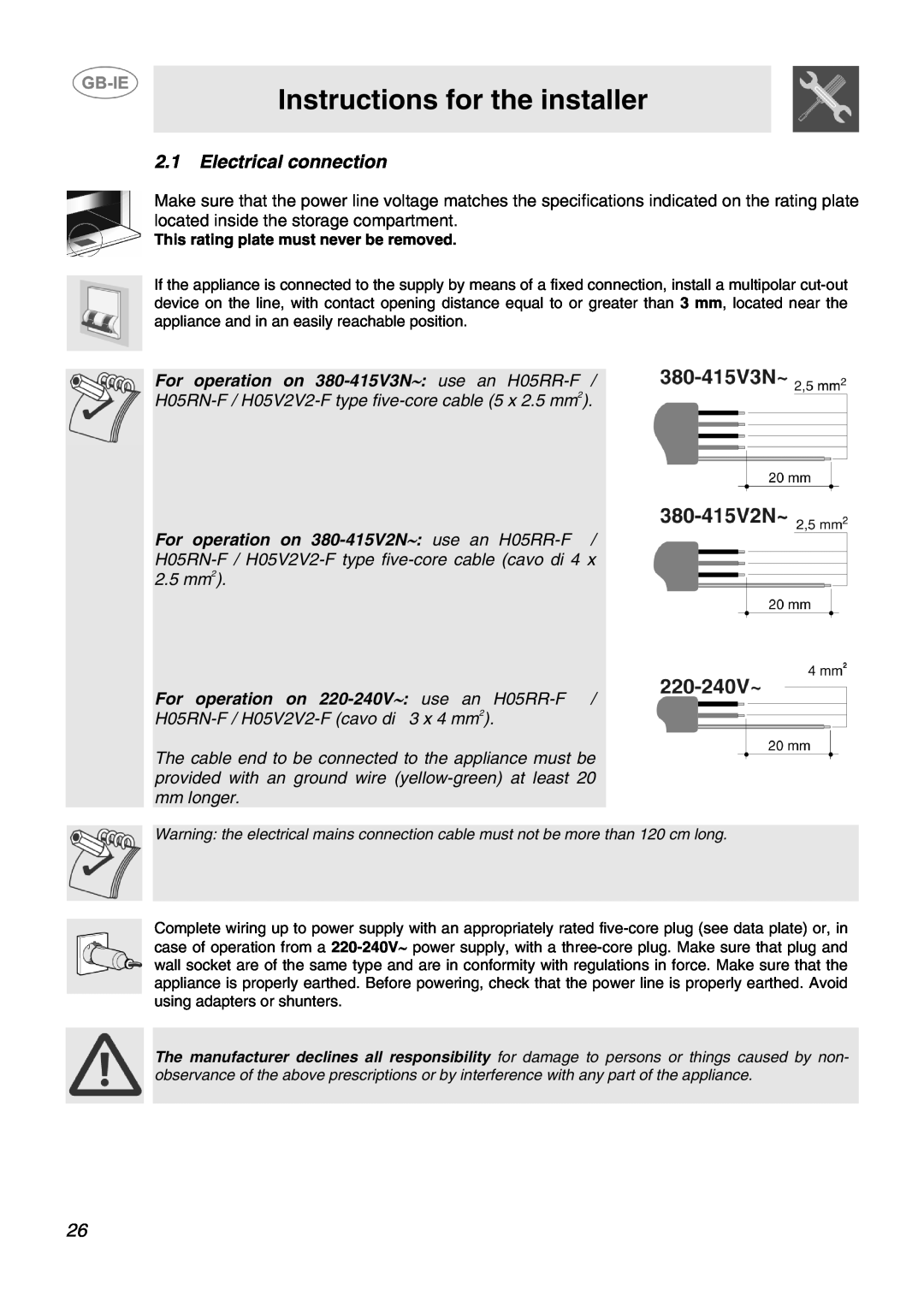 Smeg SID61MFX5 manual Electrical connection, Instructions for the installer, For operation on 380-415V3N∼ use an H05RR-F 
