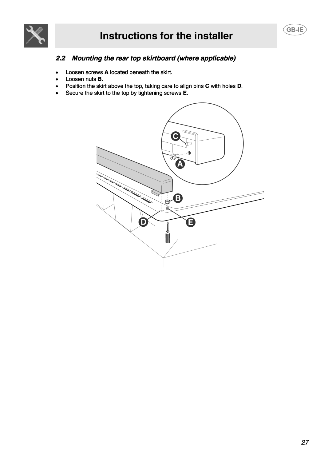 Smeg SID61MFX5 manual Mounting the rear top skirtboard where applicable, Instructions for the installer 