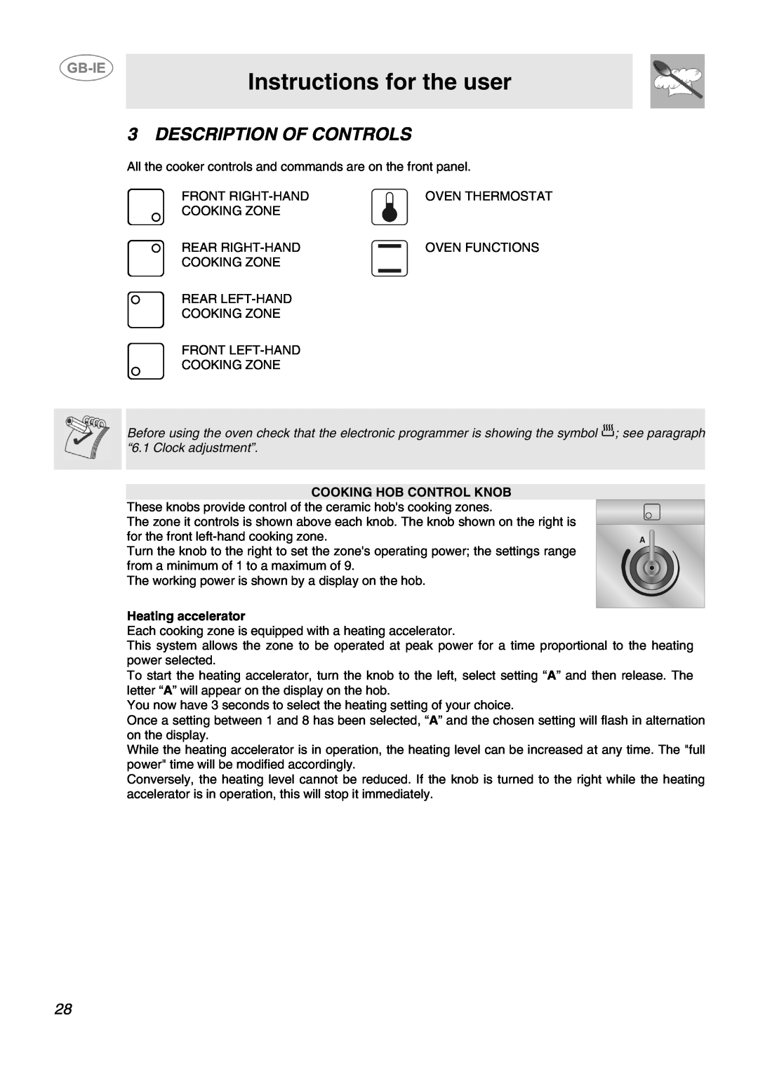 Smeg SID61MFX5 manual Instructions for the user, Description Of Controls, Cooking Hob Control Knob, Heating accelerator 
