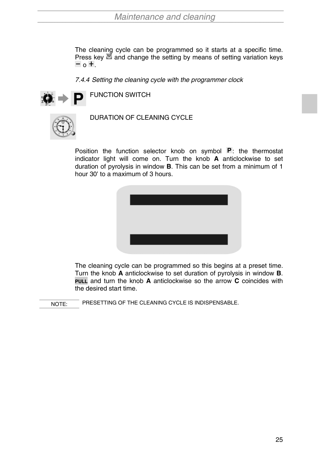 Smeg SIL290X manual Setting the cleaning cycle with the programmer clock, Function Switch Duration of Cleaning Cycle 