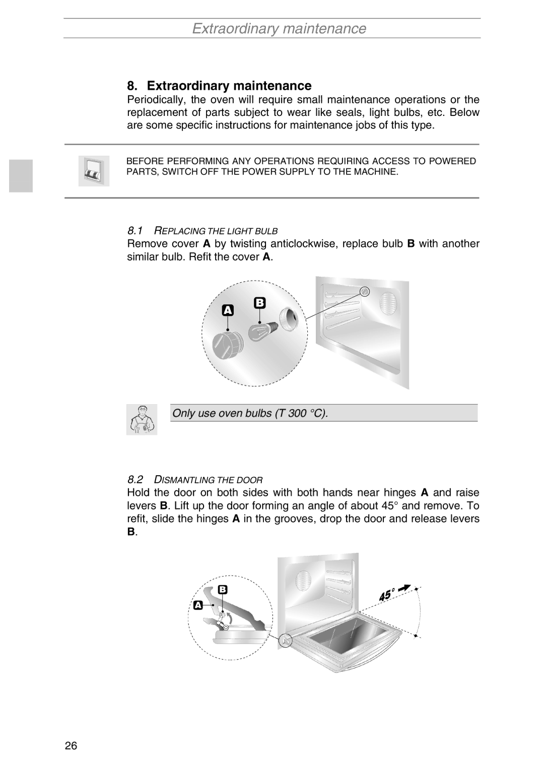 Smeg SIL290X manual Extraordinary maintenance, Only use oven bulbs T 300 C 