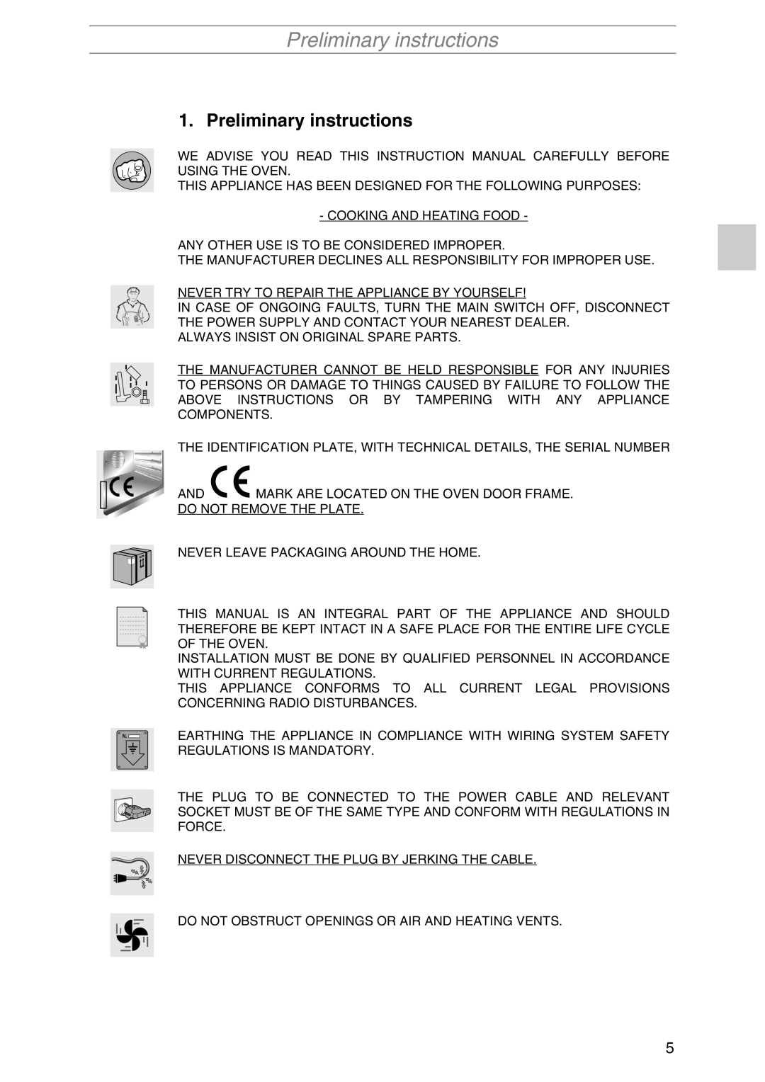 Smeg SIL290X manual Preliminary instructions 