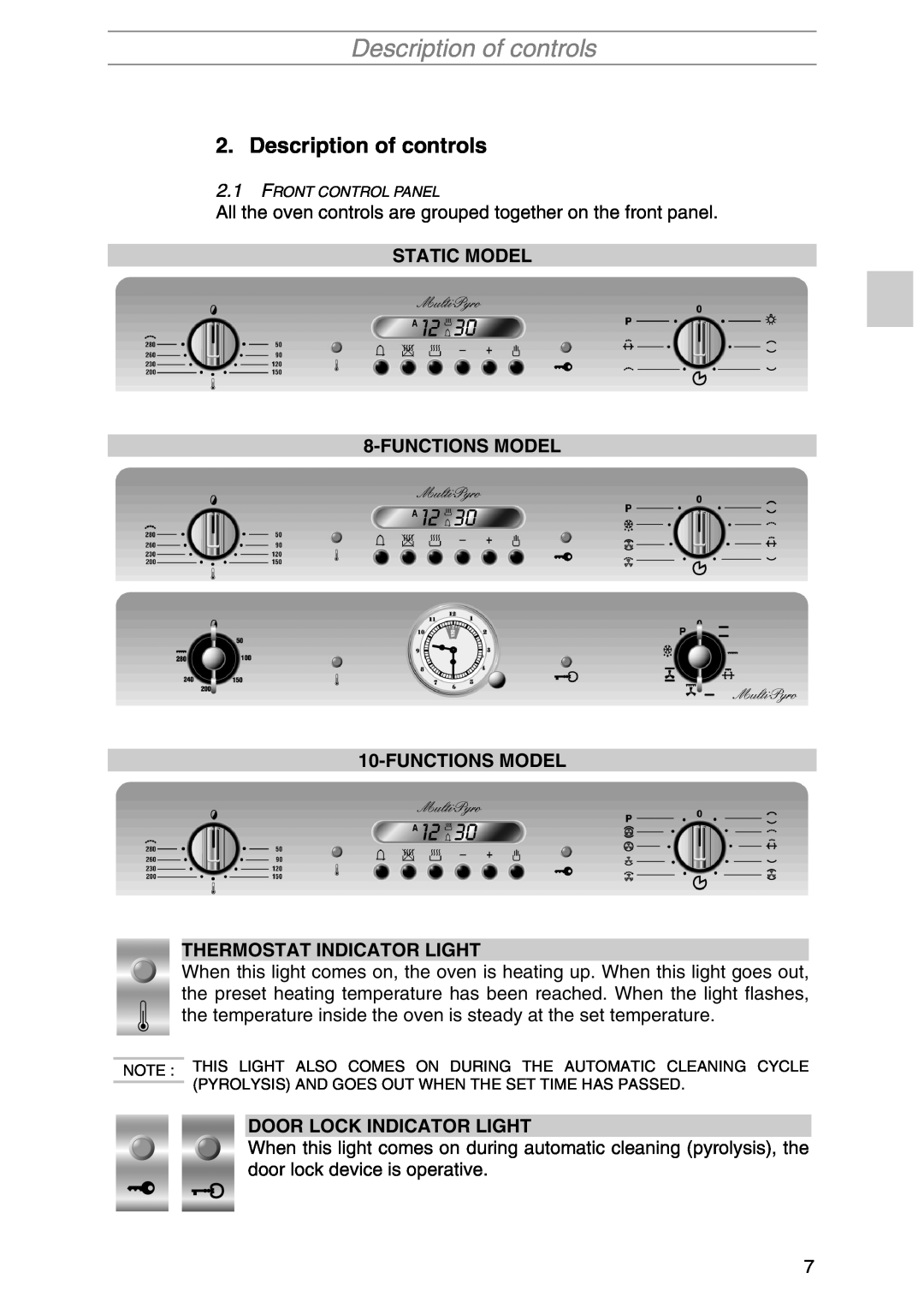 Smeg SIL290X manual Description of controls, STATIC MODEL 8-FUNCTIONS MODEL 10-FUNCTIONS MODEL, Thermostat Indicator Light 