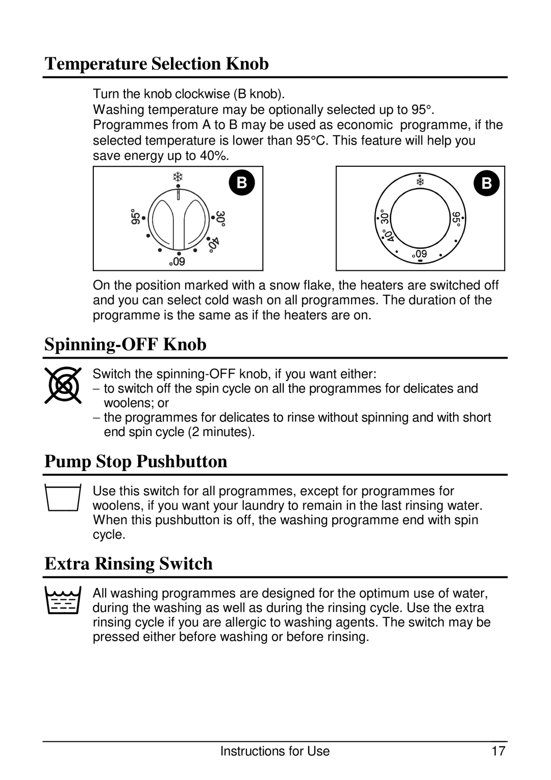 Smeg SLB510.1 manual Temperature Selection Knob, Spinning-OFF Knob, Pump Stop Pushbutton, Extra Rinsing Switch 