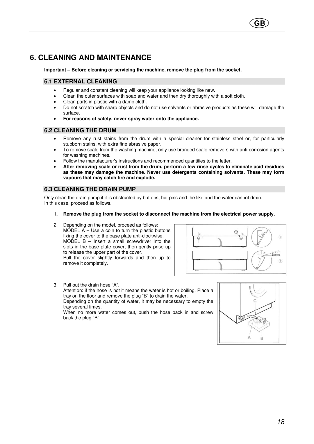 Smeg SLB600 manual Cleaning and Maintenance, External Cleaning, Cleaning the Drum, Cleaning the Drain Pump 