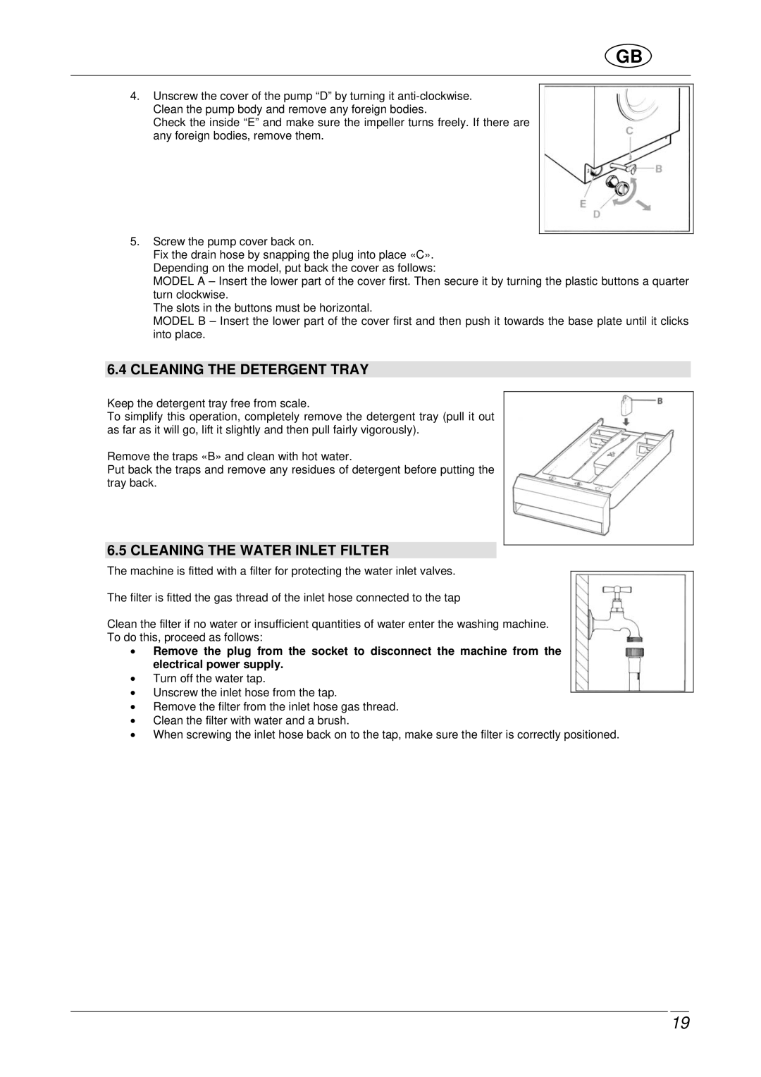 Smeg SLB600 manual Cleaning the Detergent Tray, Cleaning the Water Inlet Filter 