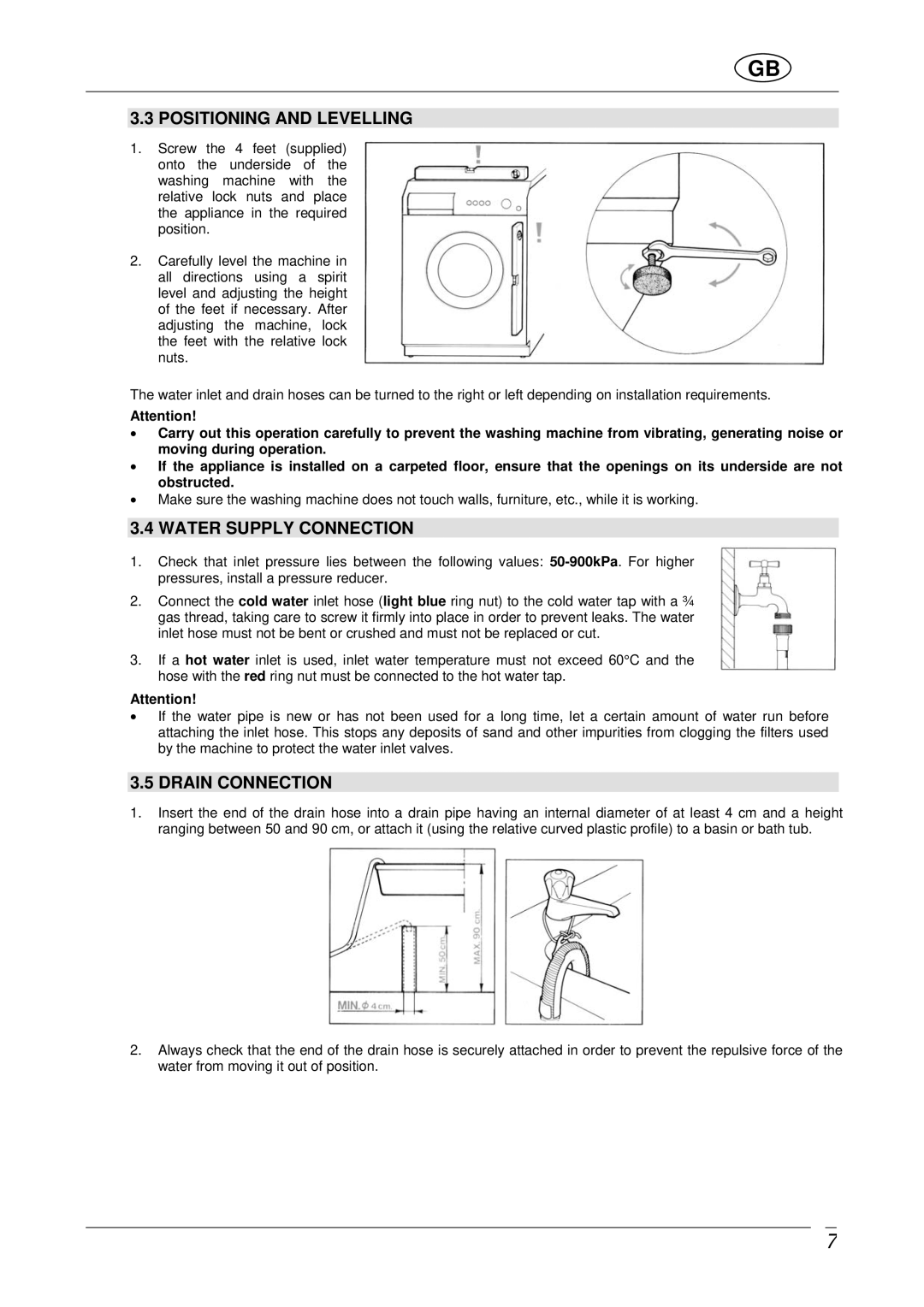 Smeg SLB600 manual Positioning and Levelling, Water Supply Connection, Drain Connection 