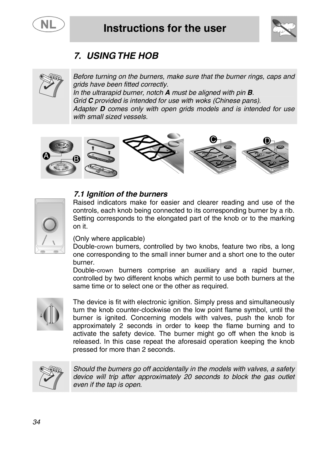 Smeg SLRV596X1 manual Instructions for the user, Using the HOB, Ignition of the burners 