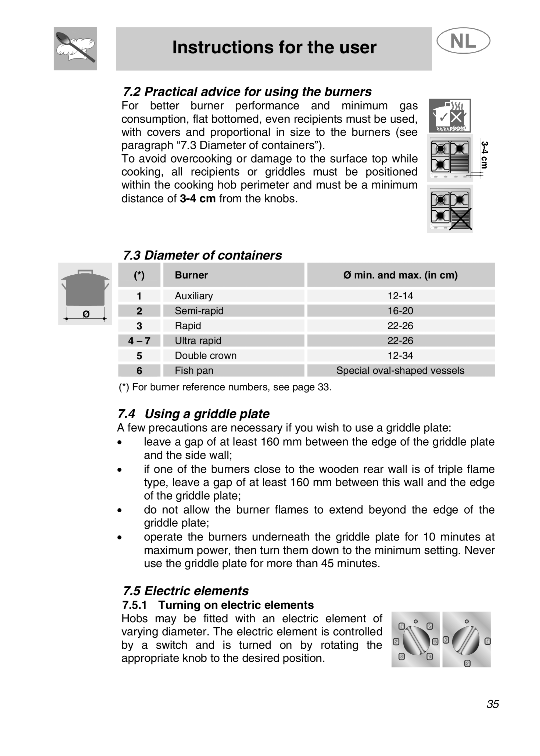 Smeg SLRV596X1 Practical advice for using the burners, Diameter of containers, Using a griddle plate, Electric elements 