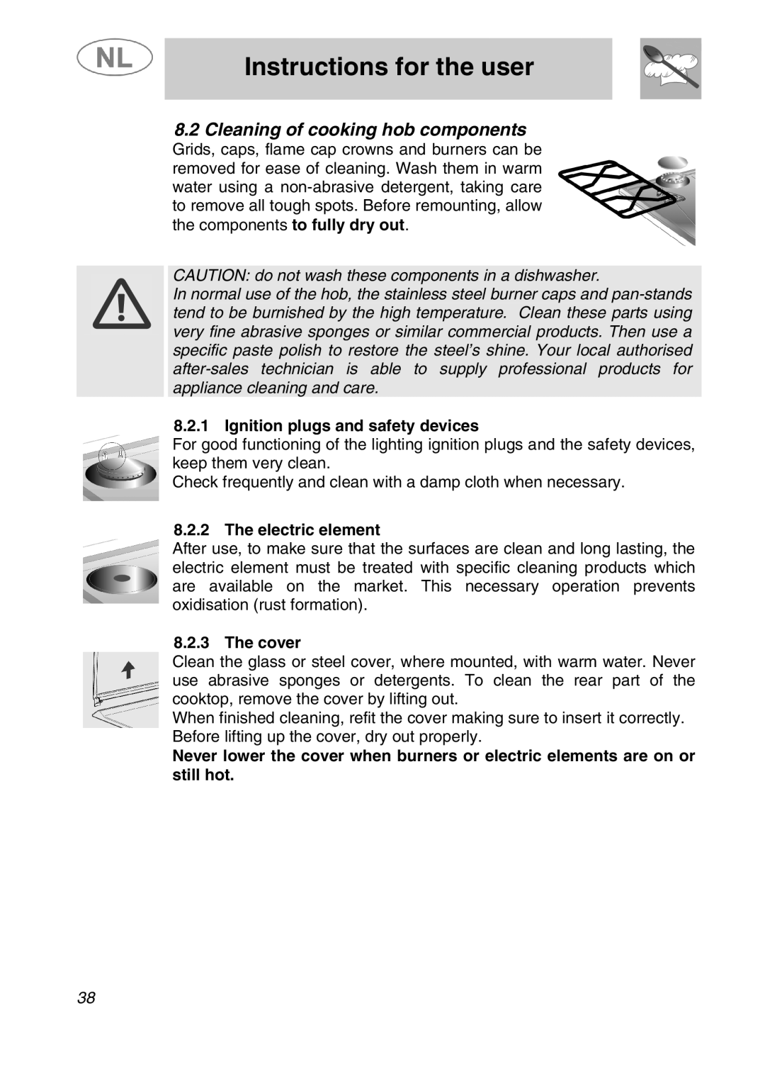 Smeg SLRV596X1 manual Cleaning of cooking hob components, Ignition plugs and safety devices, Electric element, Cover 