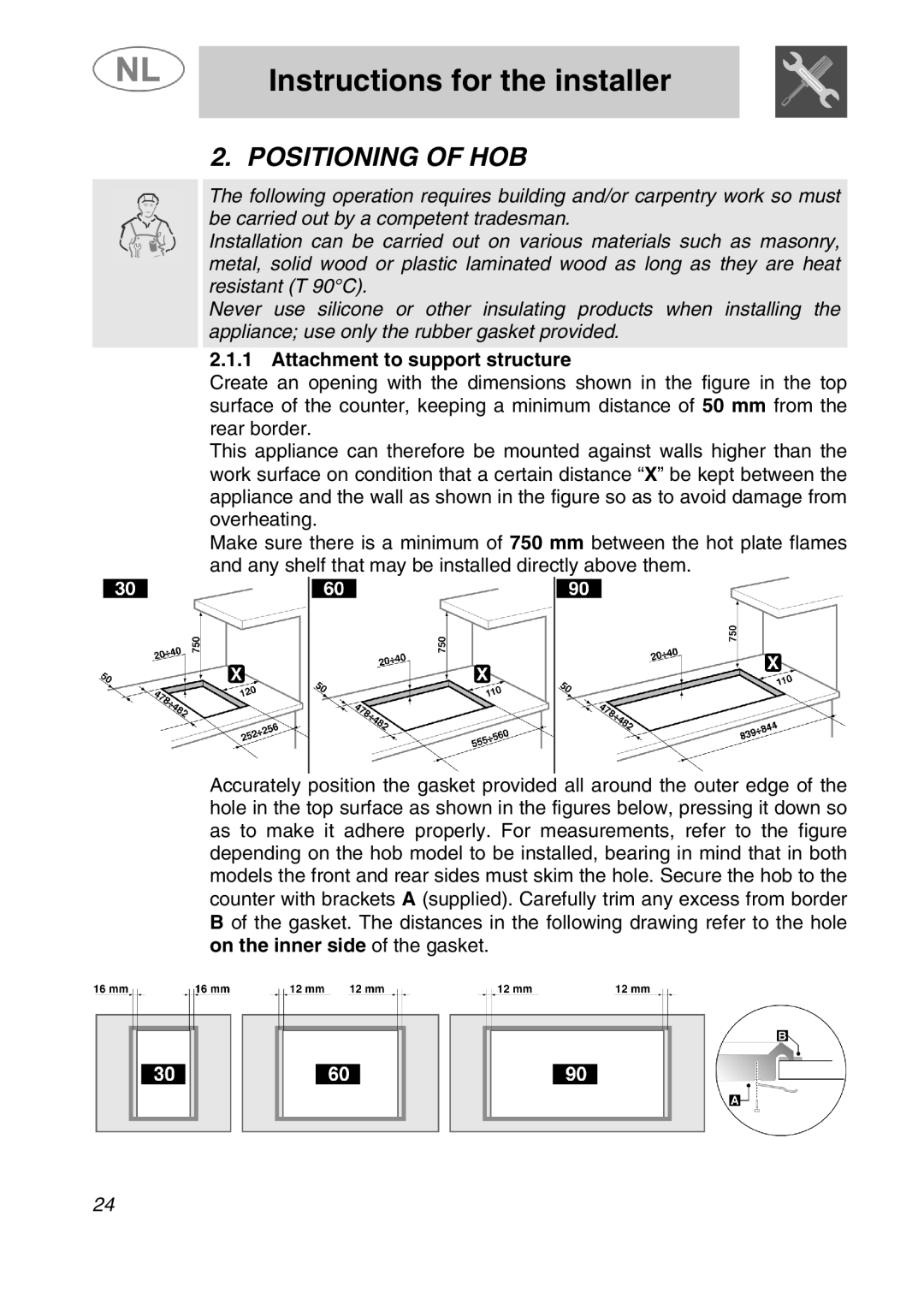 Smeg SLRV596X1 manual Instructions for the installer, Positioning of HOB, Attachment to support structure 