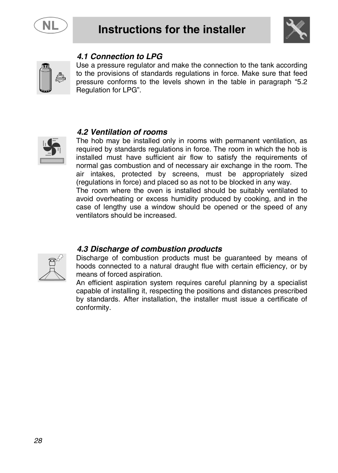 Smeg SLRV596X1 manual Connection to LPG, Ventilation of rooms, Discharge of combustion products 