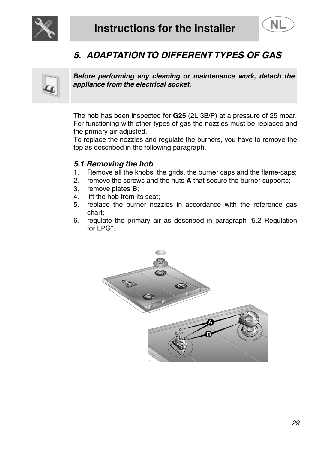 Smeg SLRV596X1 manual Adaptation to Different Types of GAS, Removing the hob 