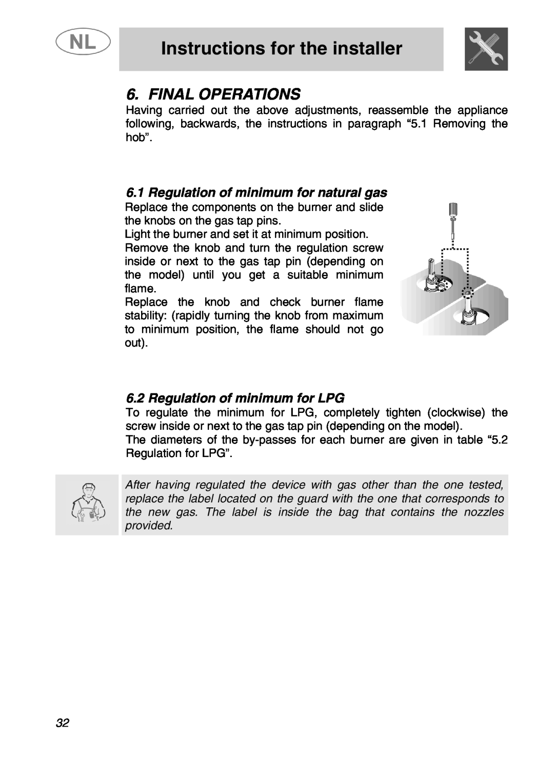 Smeg SLRV596X1 manual Final Operations, 6.1Regulation of minimum for natural gas, 6.2Regulation of minimum for LPG 