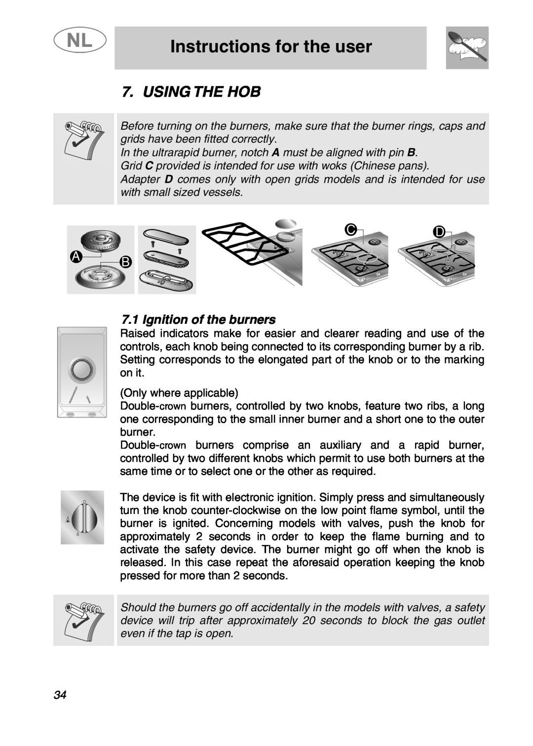 Smeg SLRV596X1 manual Instructions for the user, Using The Hob, Ignition of the burners 