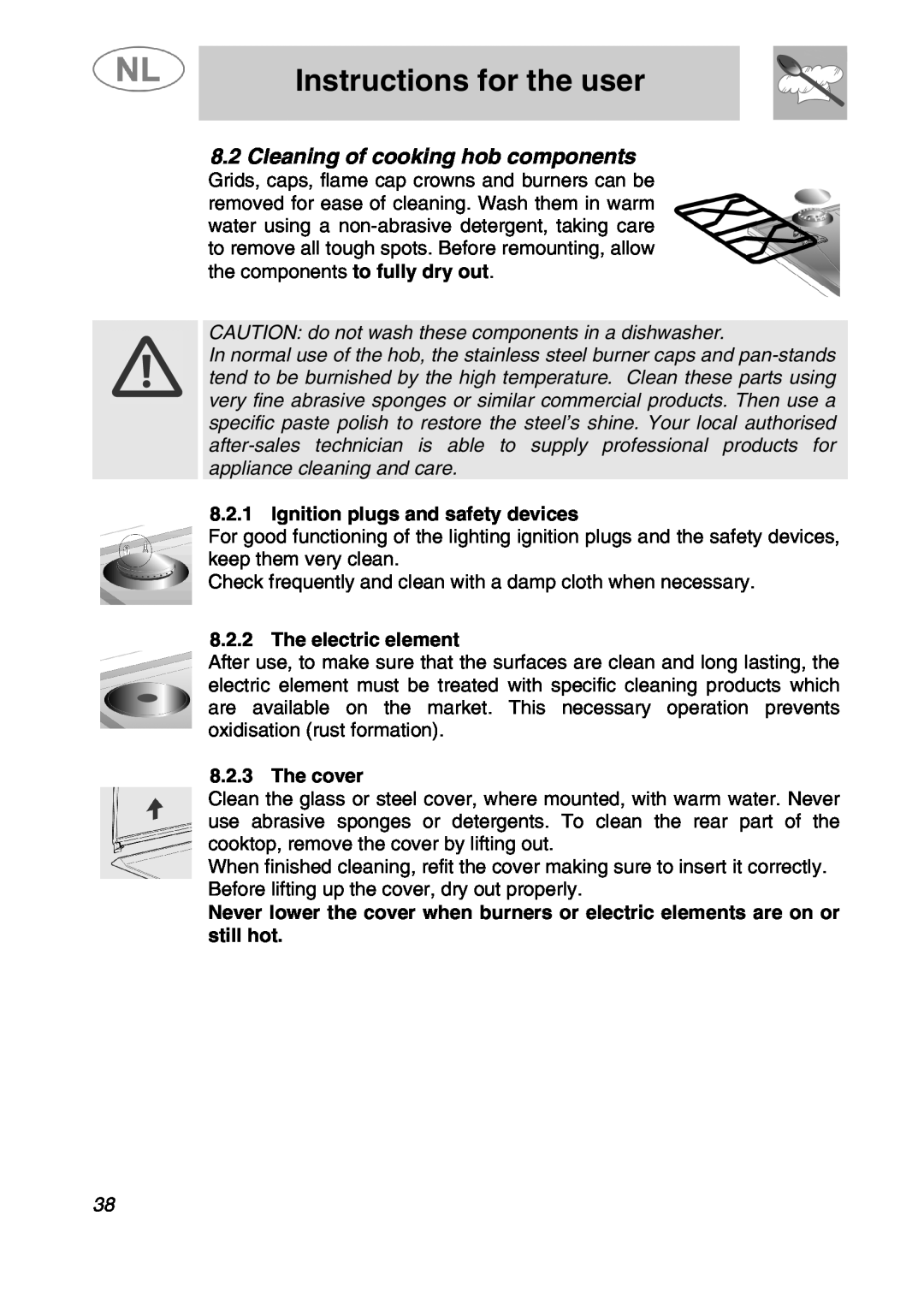 Smeg SLRV596X1 manual 8.2Cleaning of cooking hob components, Instructions for the user, Ignition plugs and safety devices 