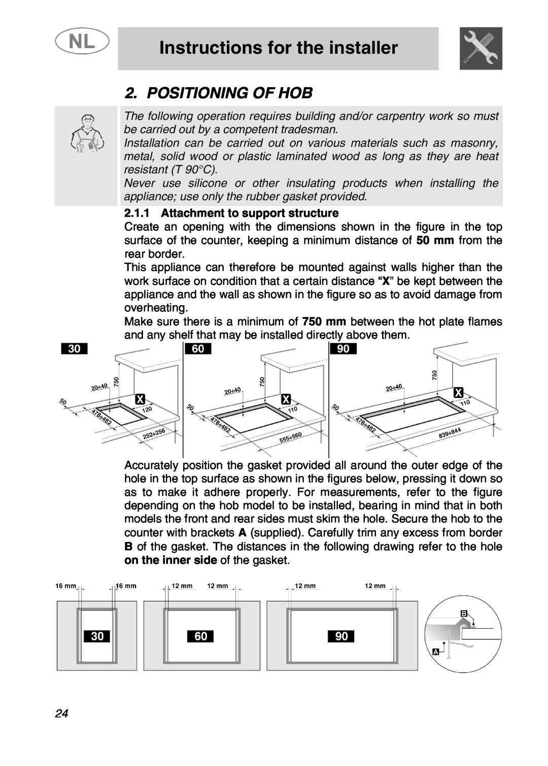 Smeg SLRV596X1 manual Instructions for the installer, Positioning Of Hob, Attachment to support structure 