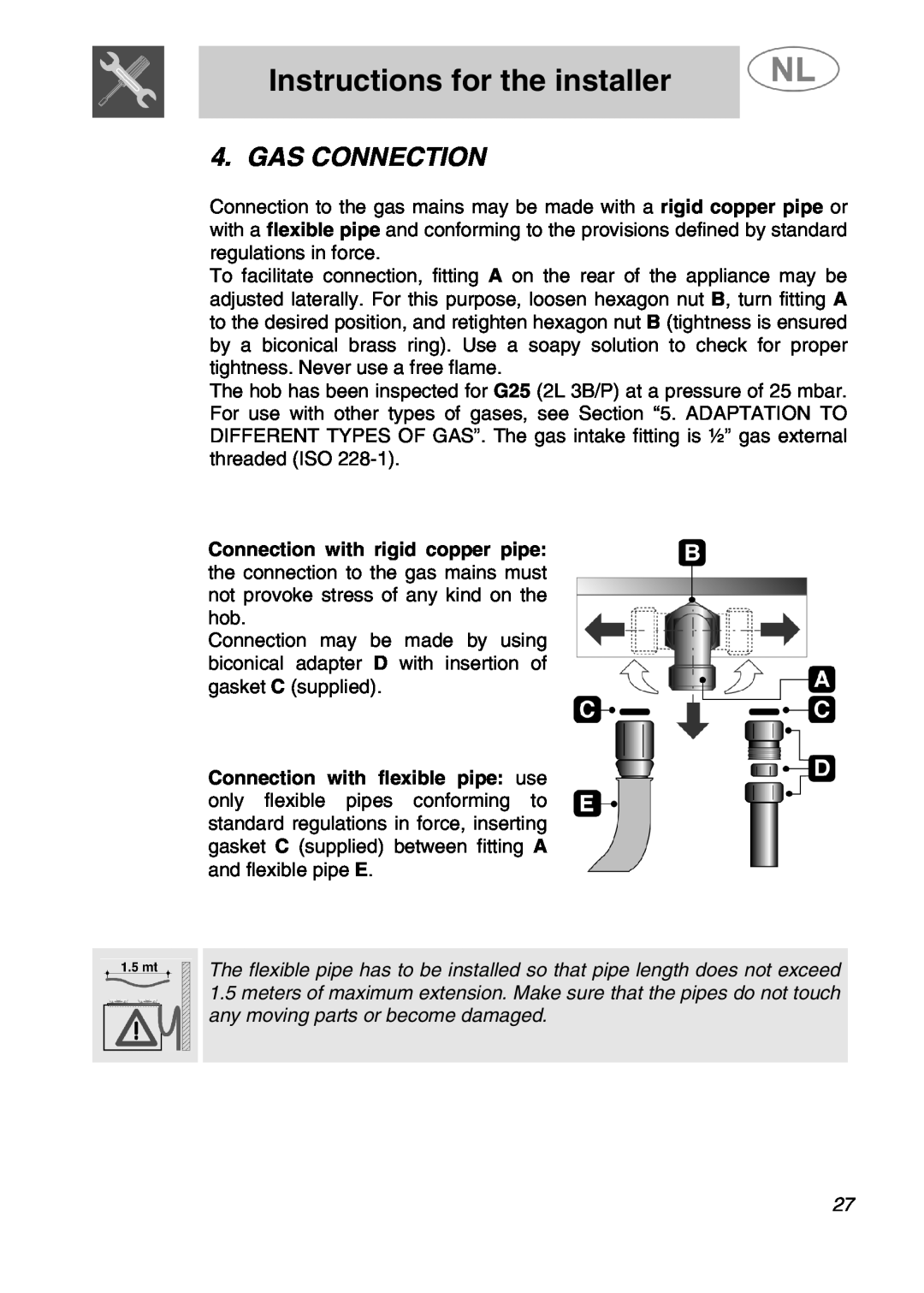 Smeg SLRV596X1 manual Gas Connection, Instructions for the installer 